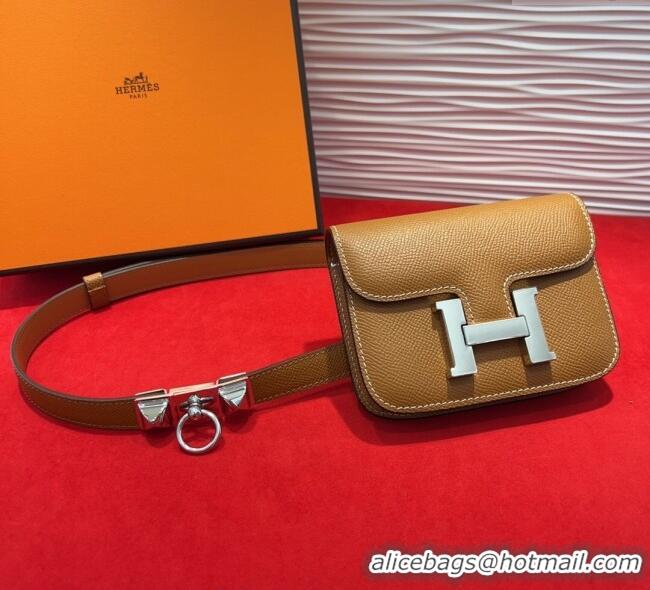 Shop Cheap Hermes Constance Slim Pouch Belt 1.7cm in Grained Calfskin with Stud Ring Buckle H072404 Brown 2025