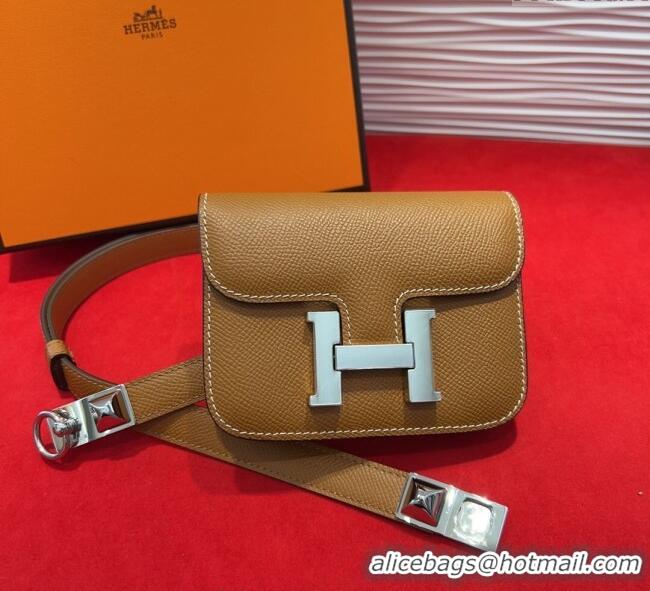 Shop Cheap Hermes Constance Slim Pouch Belt 1.7cm in Grained Calfskin with Stud Ring Buckle H072404 Brown 2025