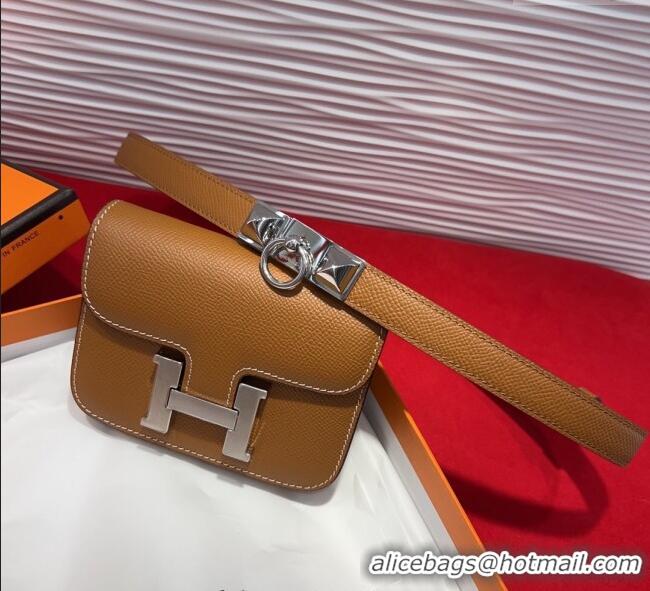 Shop Cheap Hermes Constance Slim Pouch Belt 1.7cm in Grained Calfskin with Stud Ring Buckle H072404 Brown 2025