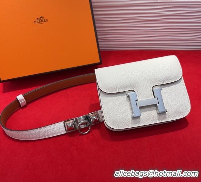 Top Design Hermes Constance Slim Pouch Belt 1.7cm in Grained Calfskin with Stud Ring Buckle H072404 White 2025