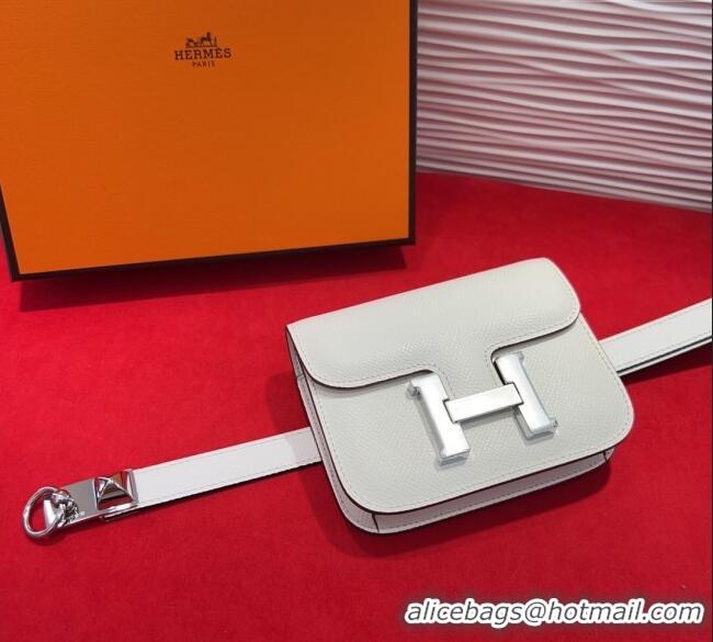 Top Design Hermes Constance Slim Pouch Belt 1.7cm in Grained Calfskin with Stud Ring Buckle H072404 White 2025