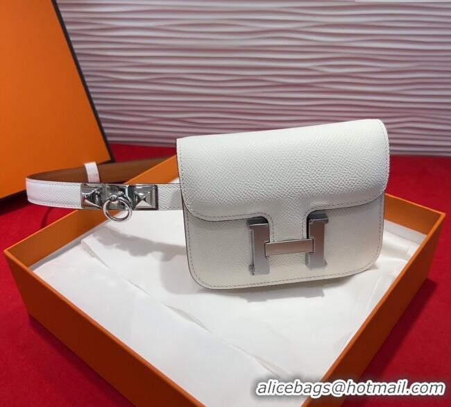 Top Design Hermes Constance Slim Pouch Belt 1.7cm in Grained Calfskin with Stud Ring Buckle H072404 White 2025