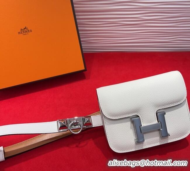 Top Design Hermes Constance Slim Pouch Belt 1.7cm in Grained Calfskin with Stud Ring Buckle H072404 White 2025