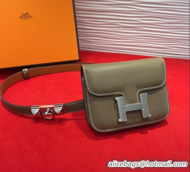 Good Product Hermes Constance Slim Pouch Belt 1.7cm in Grained Calfskin with Stud Ring Buckle H072404 Grey 2025