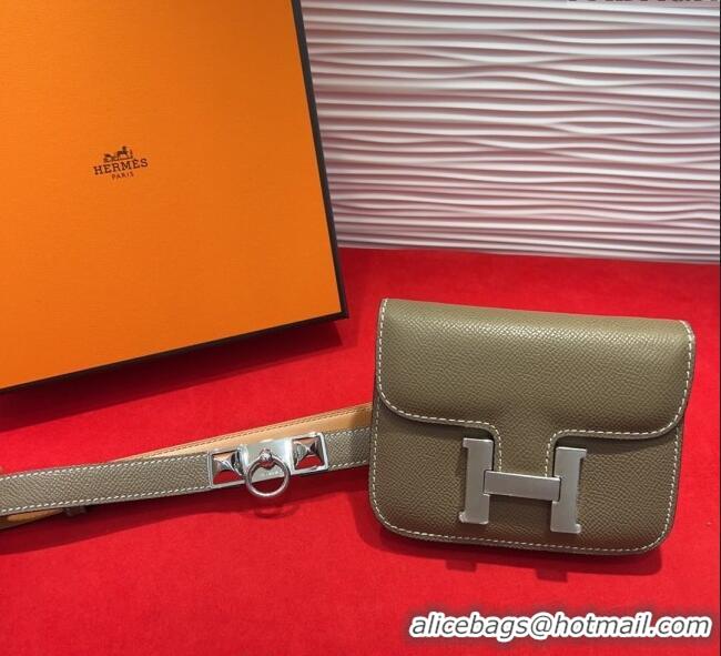 Good Product Hermes Constance Slim Pouch Belt 1.7cm in Grained Calfskin with Stud Ring Buckle H072404 Grey 2025