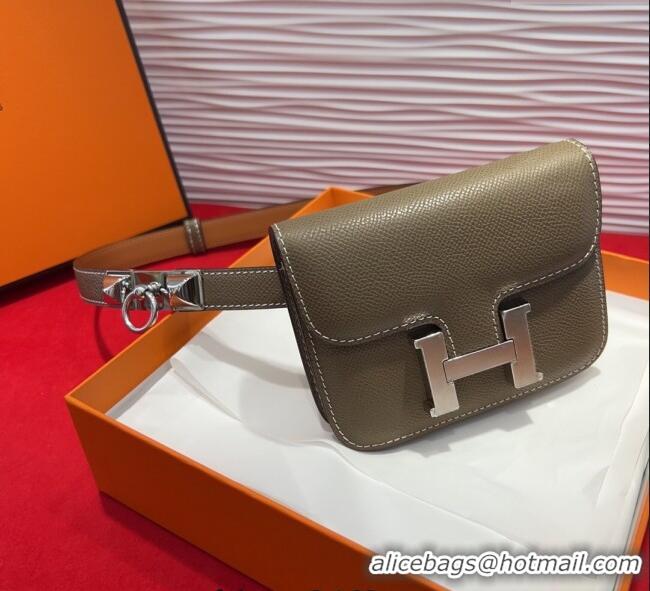 Good Product Hermes Constance Slim Pouch Belt 1.7cm in Grained Calfskin with Stud Ring Buckle H072404 Grey 2025