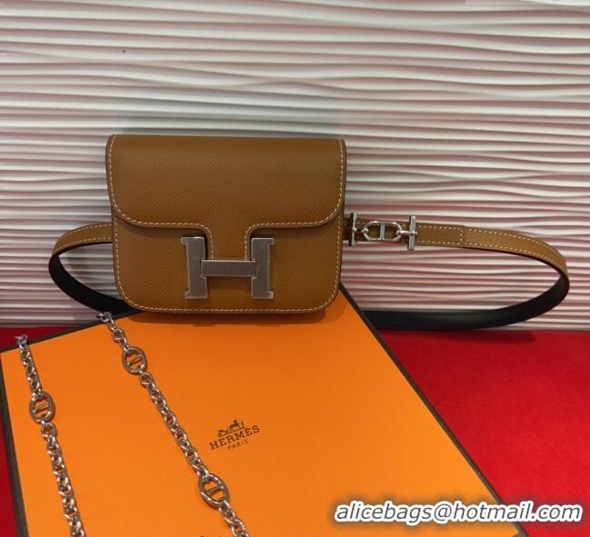 Well Crafted Hermes Constance Slim Pouch Belt 1.5cm in Grained Calfskin with d'Ancre Buckle H072405 Brown 2025