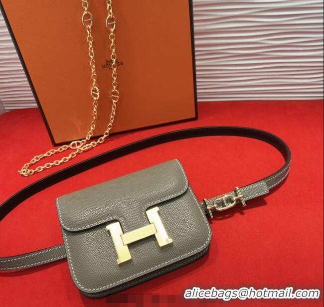 Best Grade Hermes Constance Slim Pouch Belt 1.5cm in Grained Calfskin with d'Ancre Buckle H072406 Grey 2025
