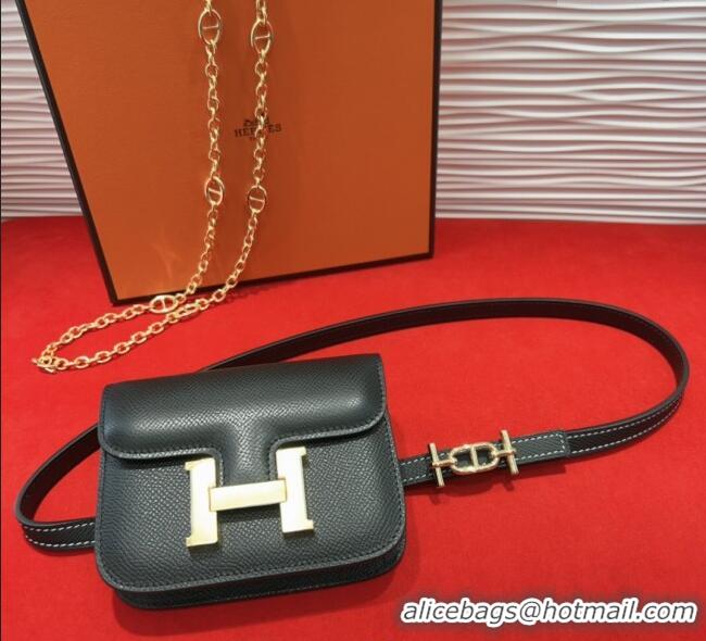 Cheap Price Hermes Constance Slim Pouch Belt 1.5cm in Grained Calfskin with d'Ancre Buckle H072406 Black 2025