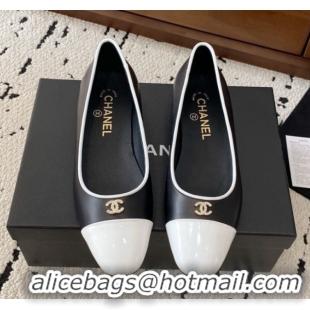 Stylish Chanel Calfskin & White Patent Leather Ballet Flats Black 2025 CH071401