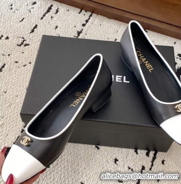 Stylish Chanel Calfskin & White Patent Leather Ballet Flats Black 2025 CH071401