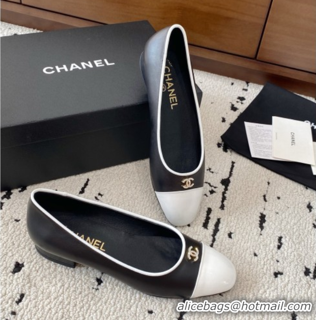 Stylish Chanel Calfskin & White Patent Leather Ballet Flats Black 2025 CH071401