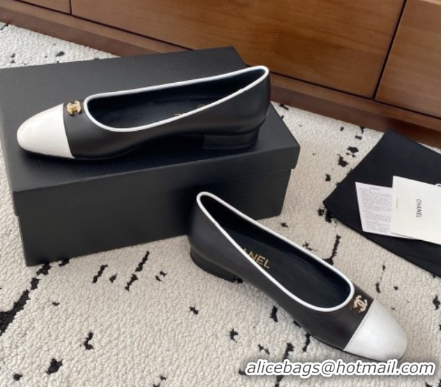 Stylish Chanel Calfskin & White Patent Leather Ballet Flats Black 2025 CH071401