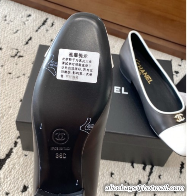 Stylish Chanel Calfskin & White Patent Leather Ballet Flats Black 2025 CH071401