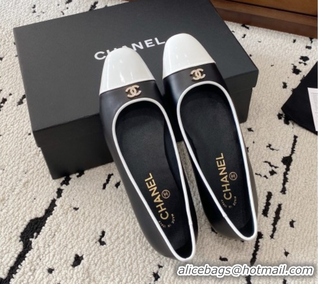 Stylish Chanel Calfskin & White Patent Leather Ballet Flats Black 2025 CH071401
