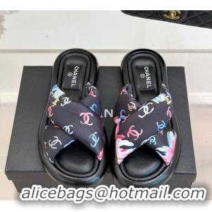 Best Grade Chanel Printed Flat Slides Sandal Black 2025 CH071402