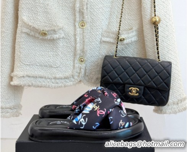 Best Grade Chanel Printed Flat Slides Sandal Black 2025 CH071402
