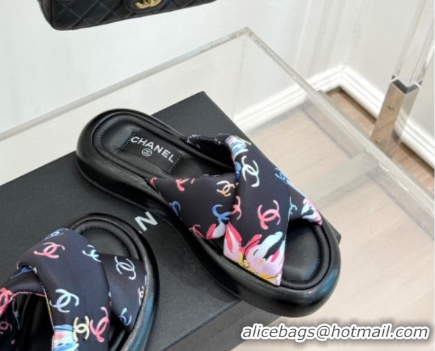 Best Grade Chanel Printed Flat Slides Sandal Black 2025 CH071402