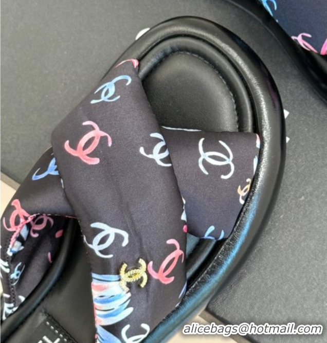 Best Grade Chanel Printed Flat Slides Sandal Black 2025 CH071402