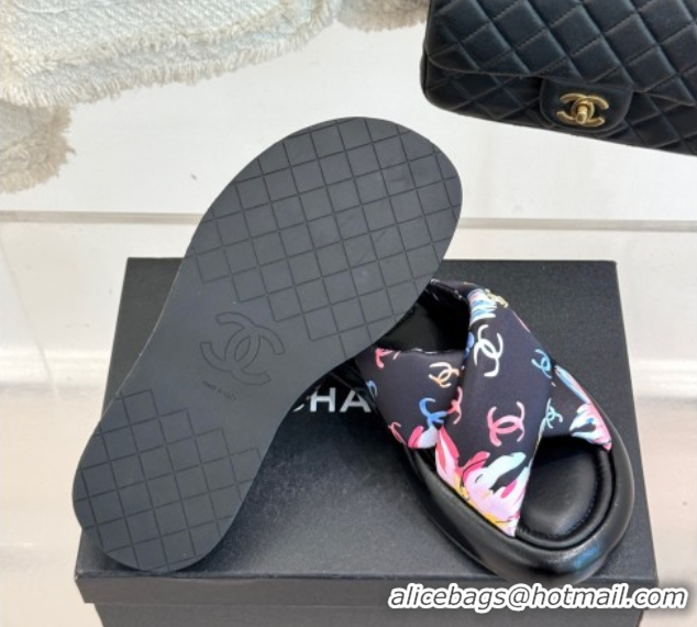 Best Grade Chanel Printed Flat Slides Sandal Black 2025 CH071402