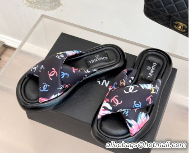 Best Grade Chanel Printed Flat Slides Sandal Black 2025 CH071402