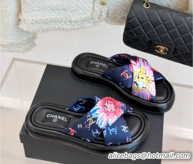 Expensive Chanel Printed Flat Slides Sandal Navy Blue 2025 CH071402
