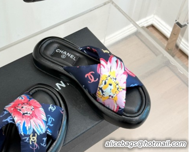 Expensive Chanel Printed Flat Slides Sandal Navy Blue 2025 CH071402