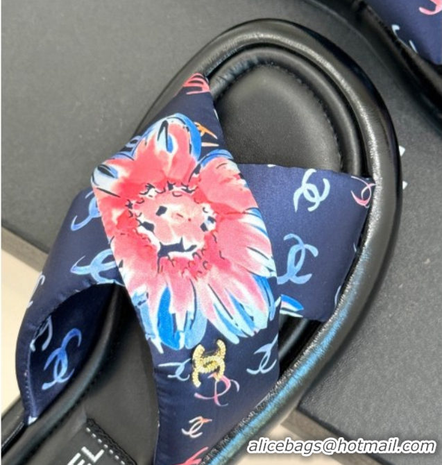 Expensive Chanel Printed Flat Slides Sandal Navy Blue 2025 CH071402
