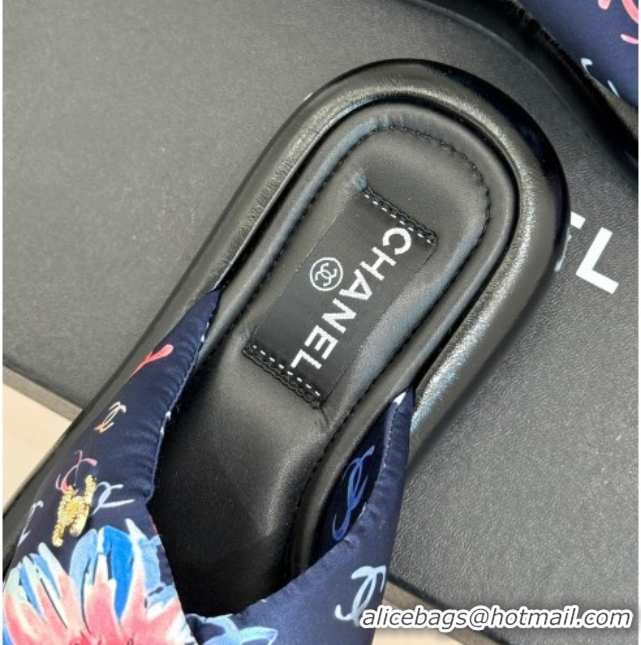 Expensive Chanel Printed Flat Slides Sandal Navy Blue 2025 CH071402