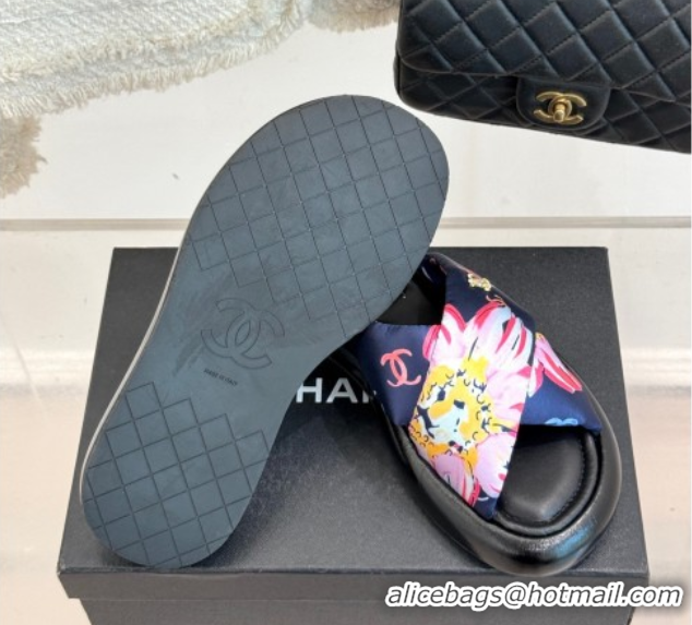 Expensive Chanel Printed Flat Slides Sandal Navy Blue 2025 CH071402
