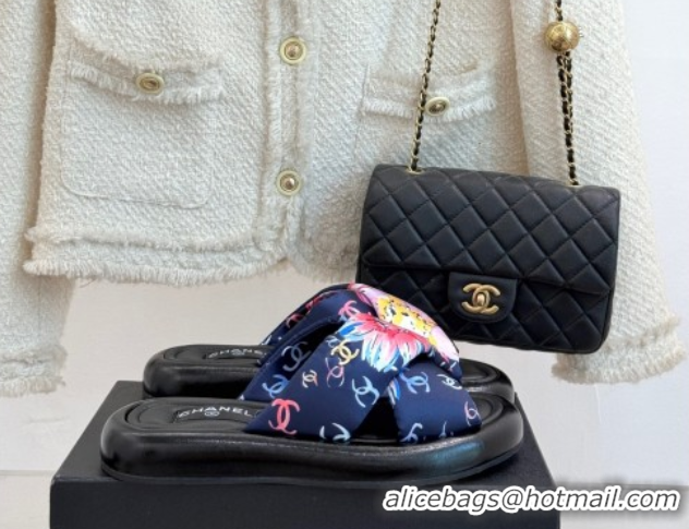 Expensive Chanel Printed Flat Slides Sandal Navy Blue 2025 CH071402