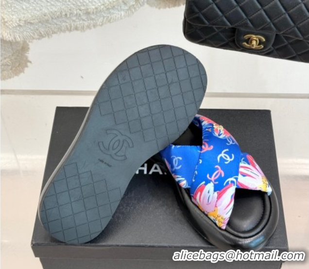 Shop Duplicate Chanel Printed Flat Slides Sandal Sky Blue 2025 CH071402
