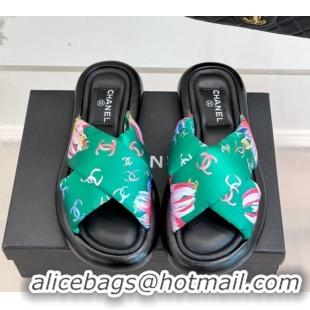 Unique Style Chanel Printed Flat Slides Sandal Green 2025 CH071402