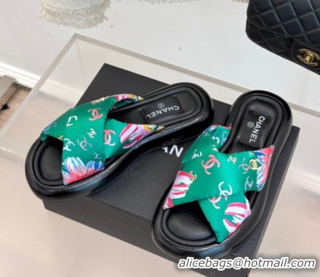 Unique Style Chanel Printed Flat Slides Sandal Green 2025 CH071402