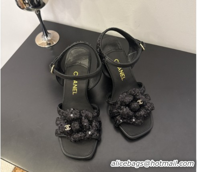 Good Looking Chanel Heel Camellia Sandals 9cm Black Sequins 2025 G46516