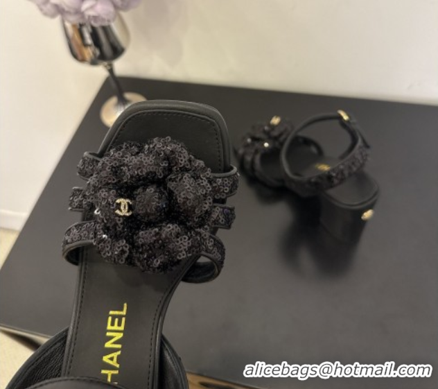 Good Looking Chanel Heel Camellia Sandals 9cm Black Sequins 2025 G46516