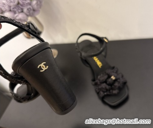 Good Looking Chanel Heel Camellia Sandals 9cm Black Sequins 2025 G46516