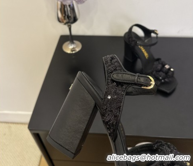 Good Looking Chanel Heel Camellia Sandals 9cm Black Sequins 2025 G46516