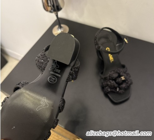 Good Looking Chanel Heel Camellia Sandals 9cm Black Sequins 2025 G46516