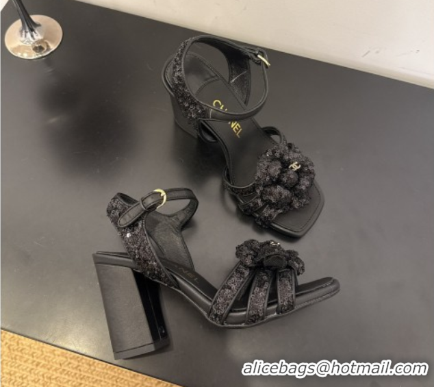 Good Looking Chanel Heel Camellia Sandals 9cm Black Sequins 2025 G46516