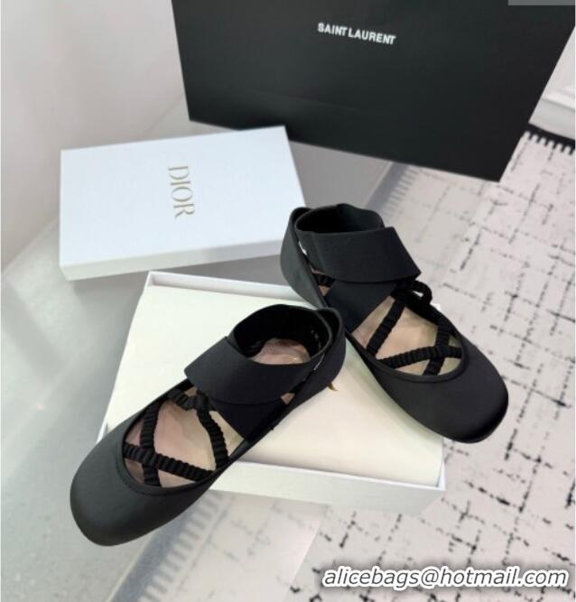 Luxury Classic Dior Shade Ballet Flats in Satin with Elastic Straps D0001 Black 2025