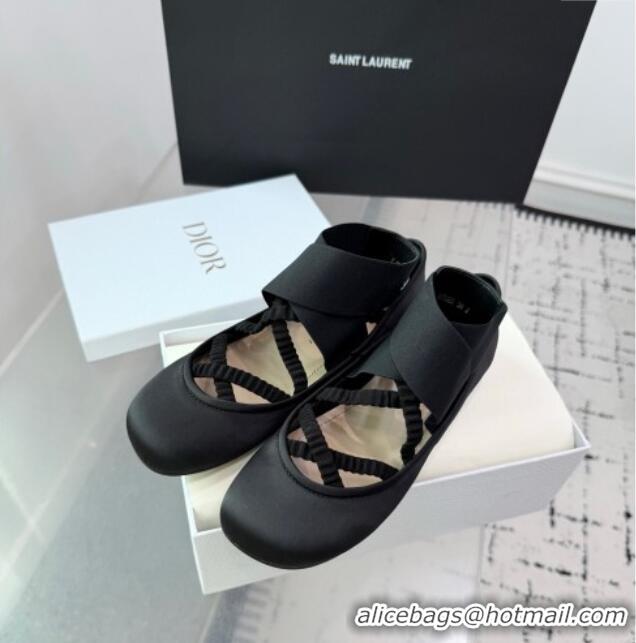 Luxury Classic Dior Shade Ballet Flats in Satin with Elastic Straps D0001 Black 2025