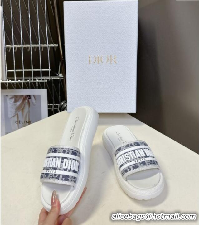 Spot Bulk Dior Dioriviera Dway Flat Slides Sandal in Chambray Blue Jacquard with Ecru Raffia Oblique Motif and White Rub