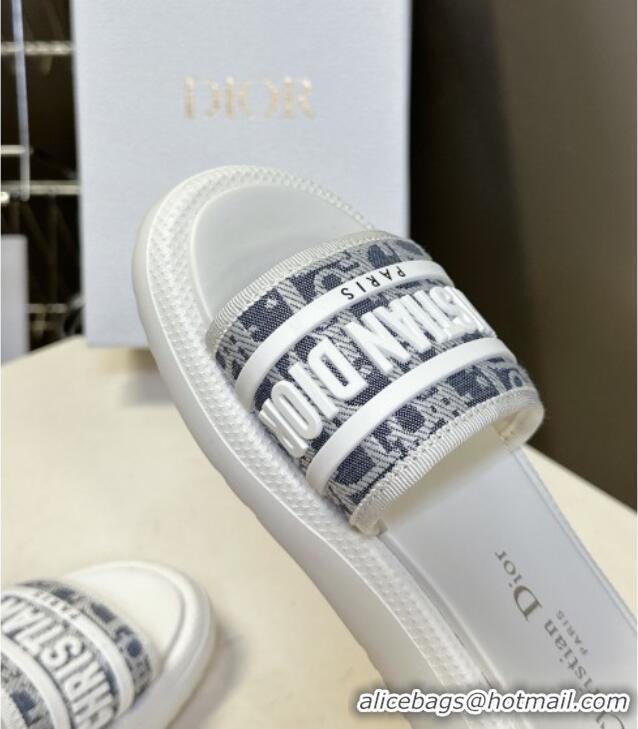 Spot Bulk Dior Dioriviera Dway Flat Slides Sandal in Chambray Blue Jacquard with Ecru Raffia Oblique Motif and White Rub
