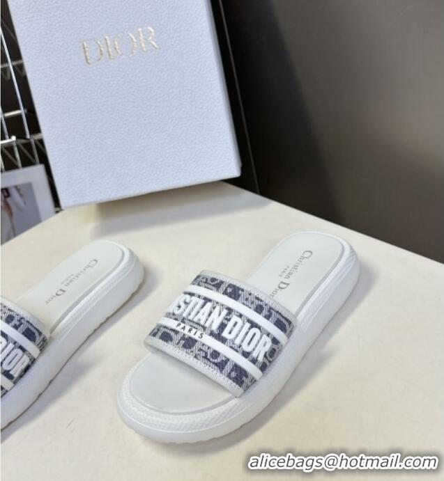 Spot Bulk Dior Dioriviera Dway Flat Slides Sandal in Chambray Blue Jacquard with Ecru Raffia Oblique Motif and White Rub