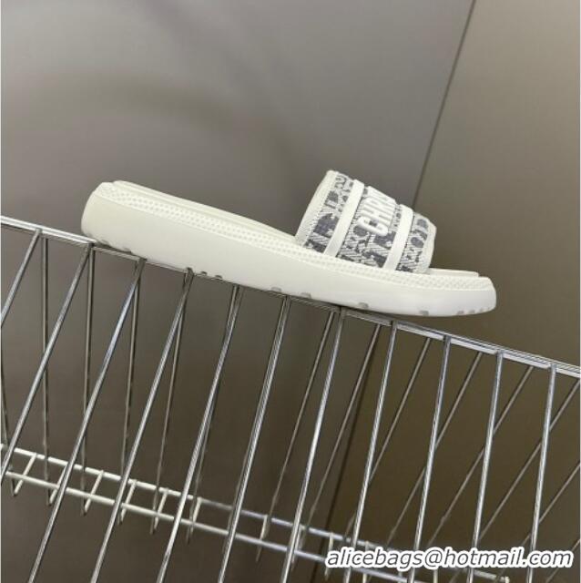 Spot Bulk Dior Dioriviera Dway Flat Slides Sandal in Chambray Blue Jacquard with Ecru Raffia Oblique Motif and White Rub