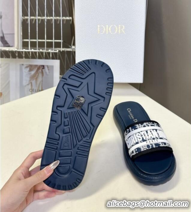 ​Top Quality Dior Dioriviera Dway Flat Slides Sandal in Oblique Embroidered Cotton and White Rubber D0006 Blue 2025
