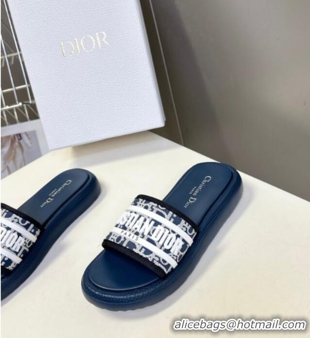 ​Top Quality Dior Dioriviera Dway Flat Slides Sandal in Oblique Embroidered Cotton and White Rubber D0006 Blue 2025