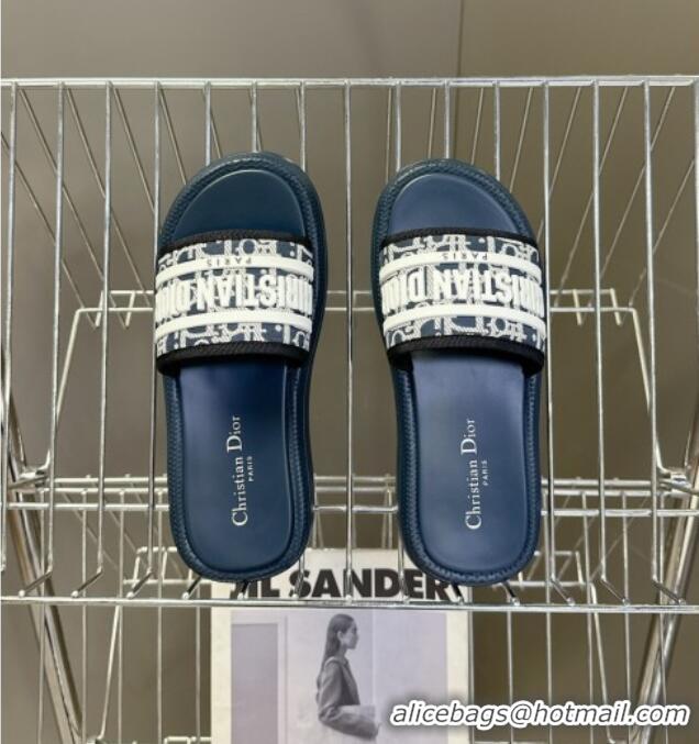 ​Top Quality Dior Dioriviera Dway Flat Slides Sandal in Oblique Embroidered Cotton and White Rubber D0006 Blue 2025