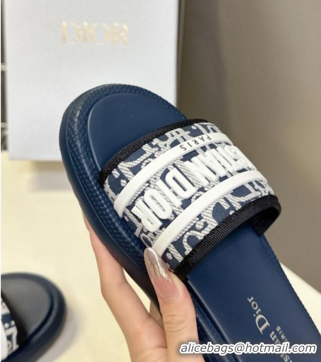​Top Quality Dior Dioriviera Dway Flat Slides Sandal in Oblique Embroidered Cotton and White Rubber D0006 Blue 2025